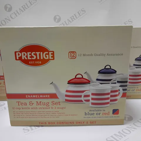 BRAND NEW PRESTIGE ENAMELWARE TEAPOT AND MUG SETS - RED STRIPE