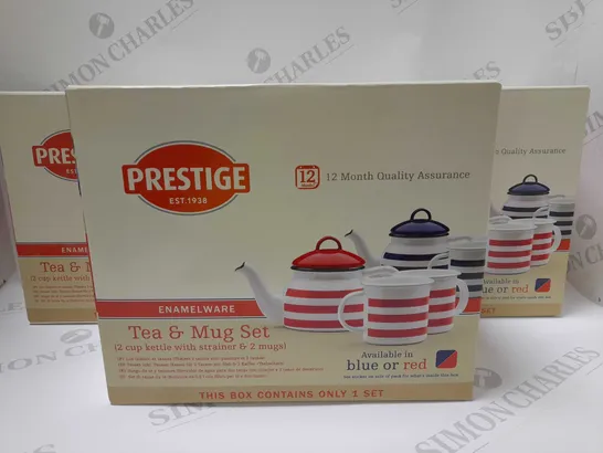 BRAND NEW PRESTIGE ENAMELWARE TEAPOT AND MUG SETS - RED STRIPE