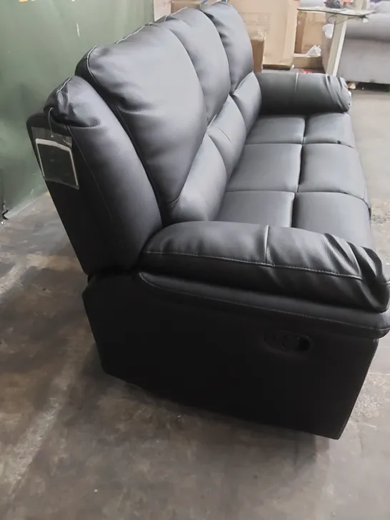 DESIGNER ALBION 3 SEATER MANUAL RECLINER LEATHER UPHOLSTERED SOFA - BLACK