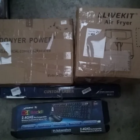 PALLET OF ASSORTED ITEMS INCLUDING DONYER POWER ELECTRIC CONVECTOR HEATER, LLIVEKIT AIR FRYER, CUSTOM SABER, INMENG WIRELESS KEYBOARD & MOUSE SET