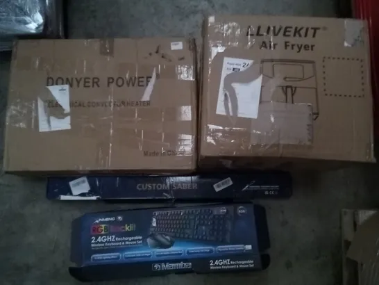 PALLET OF ASSORTED ITEMS INCLUDING DONYER POWER ELECTRIC CONVECTOR HEATER, LLIVEKIT AIR FRYER, CUSTOM SABER, INMENG WIRELESS KEYBOARD & MOUSE SET