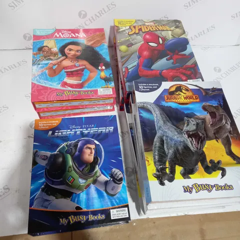 BOX OF 10 ASSORTED MY BUSY BOOKS STORYBOOKS WITH FIGURINES AND PLAYMAT [INCLUDES MOANA, SPIDERMAN, LIGHTYEAR AND JURASSIC WORLD DOMINION]