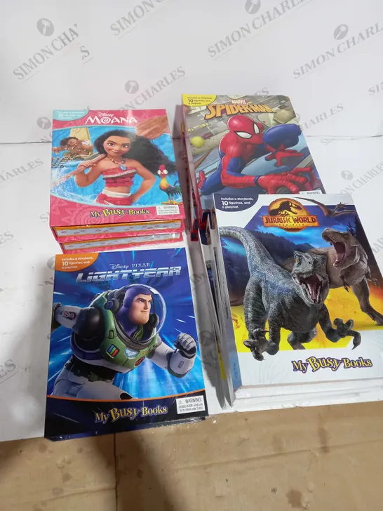 BOX OF 10 ASSORTED MY BUSY BOOKS STORYBOOKS WITH FIGURINES AND PLAYMAT [INCLUDES MOANA, SPIDERMAN, LIGHTYEAR AND JURASSIC WORLD DOMINION]