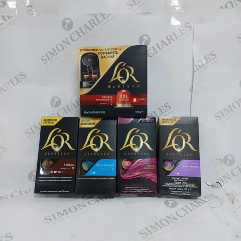 BOX OF APPROX 17 ASSORTED FOOD ITEMS TO INCLUDE - LOR ESPRESSO COFFEE PROFONDO CAPSULES - LOR ESPRESSO INDIA COFFEE CAPSULES - LOR ESPRESSO FORZA COFFEE CAPSULES ECT