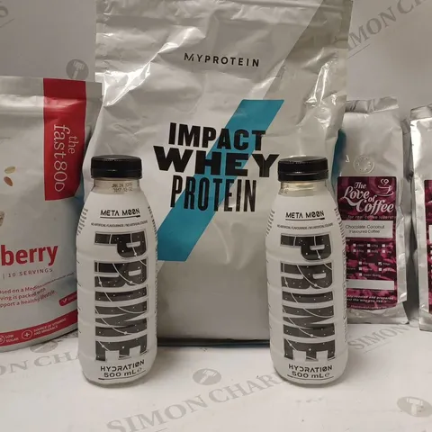 LOT OF APPROX 6 ASSORTED ITEMS TO INCLUDE MYPROTEIN IMPACT WHEY PROTEIN, PRIME META MOON DRINK, THE LOVE OF COFFEE CARAMEL CREME BRULEE, ETC 