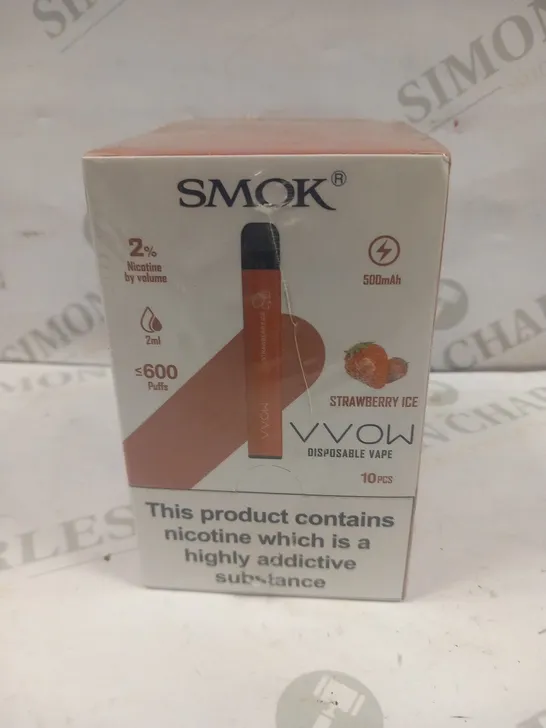 BRAND NEW BOXED AND SEALED SMOK VVOW DISPOSABLE VAPES 10 PIECES STRAWBERRY ICE