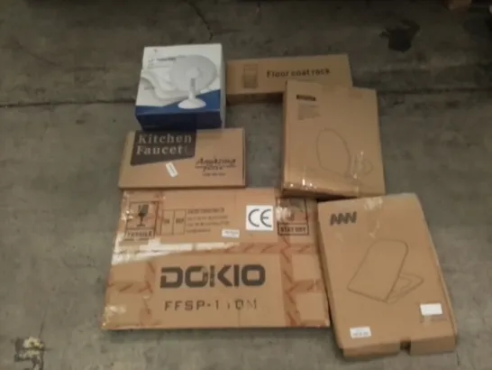 PALLET OF UNPROCESSED ITEMS TO INCLUDE TOILET SEATS, FLOOR COAT RACK, AND KITCHEN FAUCET 