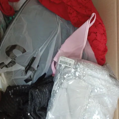 BOX OF ASSORTED CLOTHING ITEMS TOO INCLUDE TOPS , TROUSERS AND DRESSES , ETC 