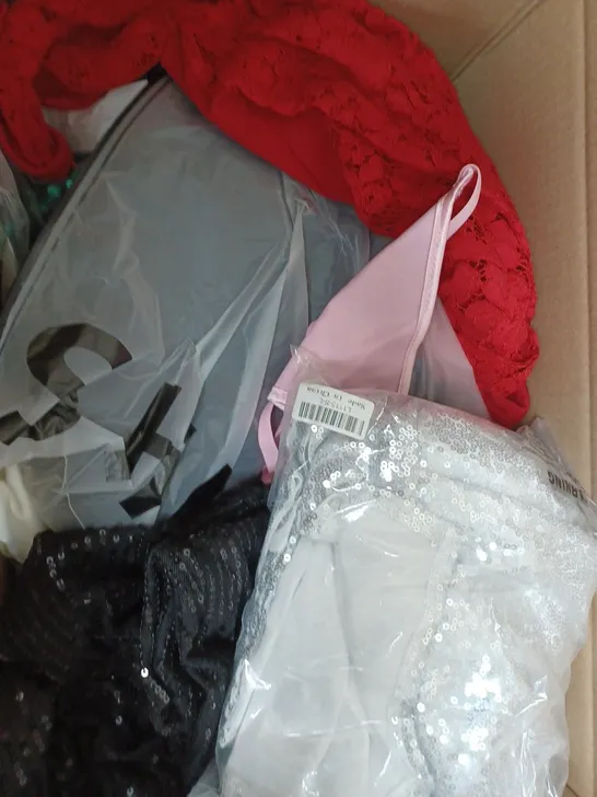 BOX OF ASSORTED CLOTHING ITEMS TOO INCLUDE TOPS , TROUSERS AND DRESSES , ETC 