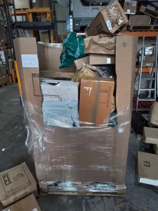 PALLET OF ASSORTED ITEMS TO INCLUDE: NON-WOVEN FABRIC SHOE RACK, TOILET RISER WITH HANDLES, INTELLIGENT FAN LIGHT ETC