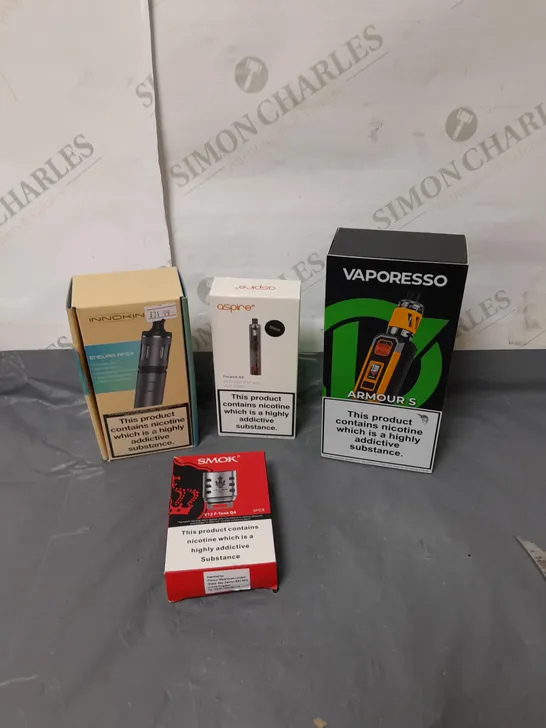 BOX OF APPROXIMATELY 10 ASSORTED E-CIGARATTES TO INCLUDE VAPORESSO, INNOKIN, ASPIRE ETC