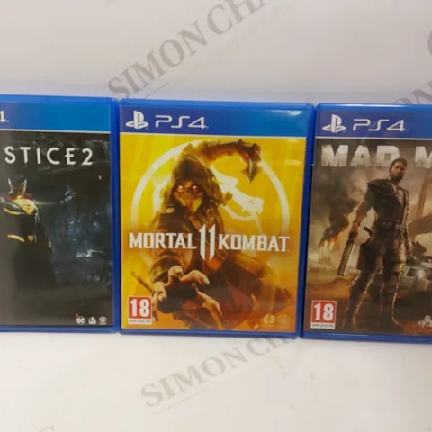 BOX OF 3 PS4 GAMES TO INCLUDE INJUSTICE 2, MORTAL KOMBAT II AND MAD MAX