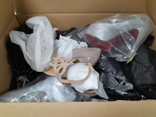 BOX OF APPROXIMATELY 10 ASSORTED WOMENS  SHOES IN VARIOUS COLOURS, STYLES AND SIZES