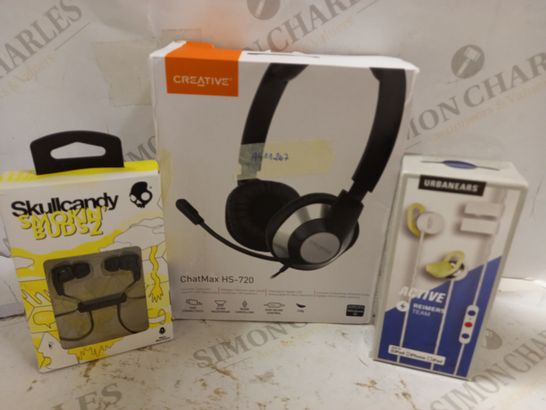 BOX OF APPROX 15 AUDIO ITEMS TO INCLUDE SKULLCANDY SMOKIN` BUDS 2 EARPHONES, CREATIVE CHATMAX HS-720 HEADSET. URBANEARS ACTIVE EARBUDS 