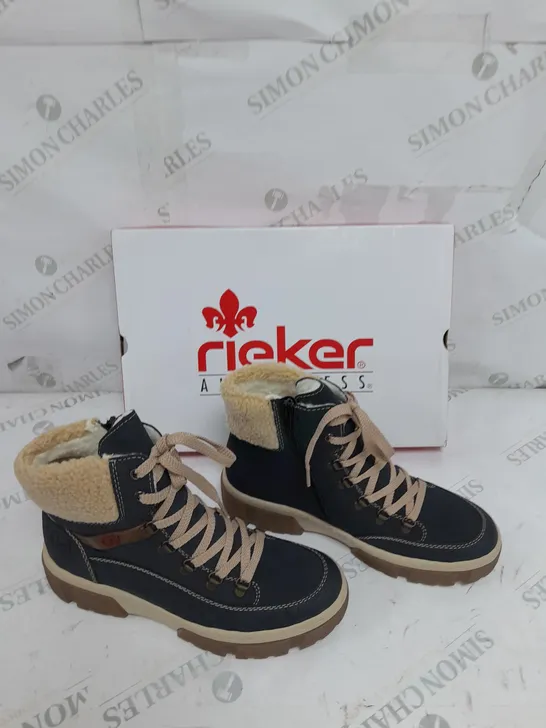 BOXED PAIR OF RIEKER LACE UP CHUNKY BOOTS IN NAVY SIZE 6.5