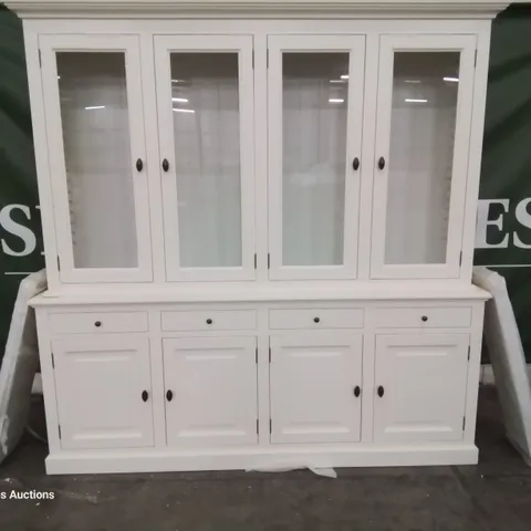 DESIGNER LARGE DRESSER WITH 4 GLAZED DOOR CUPBOARD TOP ON 4 DOOR & DRAWER BASE WHITE