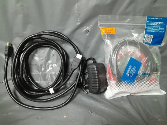 BOX OF APPROXIMATELY 12 ASSORTED ITEMS TO INCLUDE - AC/DC ADAPTER , ETHERNET CABLE , HDMI LEAD ETC