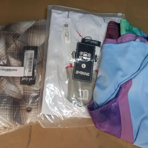 BOX OF APPROXIMATELY 10 ASSORTED CLOTHING AND FASHION ITEMS OF VARIOUS COLOURS AND STYLES TO INCLUDE GYM KING, NASTY GAL, ETC