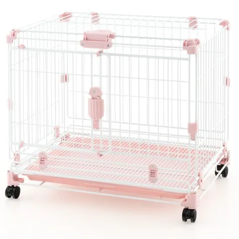 BOXED COSTWAY FOLDING DOG KENNEL WITH DOUBLE LOCKABLE DOOR AND WHEELS - PINK/WHITE