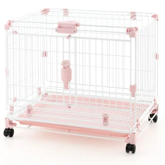 BOXED COSTWAY FOLDING DOG KENNEL WITH DOUBLE LOCKABLE DOOR AND WHEELS - PINK/WHITE