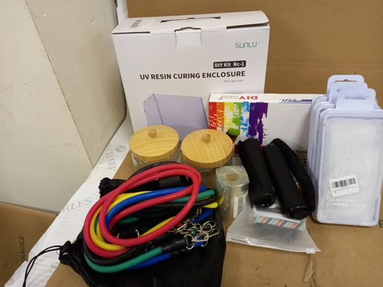 BOX OF ASSORTED ITEMS TO INCLUDE SET OF 2 MDESIGN JARS, UV RESIN CURING ENCLOSURE, DIY PAINT BY NUMBERS KIT, 3X MOBILE PHONE COVERS, GEYUEYA HOME RESISTANCE BANDS SET, ETC