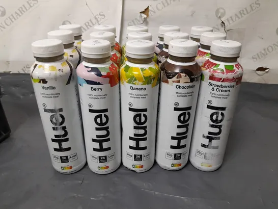 LOT OF 15 ASSORTED 500ML BOTTLES OF HUEL DRINK 