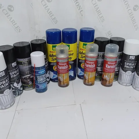 APPROXIMATELY 14 ASSORTED AEROSOLS TO INCLUDE 151 HEAVY DUITY ADHESIVE SPRAY (500m), AUTO EXTREME SPRAY PAINT BLACK SATIN (400ml), RAPIDE ELECTRICAL CONTACT CLEANER (200ml) - COLLECTION ONLY