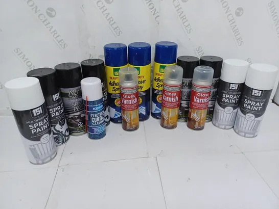 APPROXIMATELY 14 ASSORTED AEROSOLS TO INCLUDE 151 HEAVY DUITY ADHESIVE SPRAY (500m), AUTO EXTREME SPRAY PAINT BLACK SATIN (400ml), RAPIDE ELECTRICAL CONTACT CLEANER (200ml) - COLLECTION ONLY