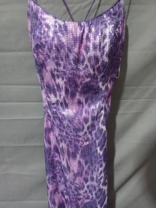 PANOPLY OPEN BACK TIE SLIM FIT DRESS IN SEQUIN LEOPARD PRINT PURPLE - SIZE 6