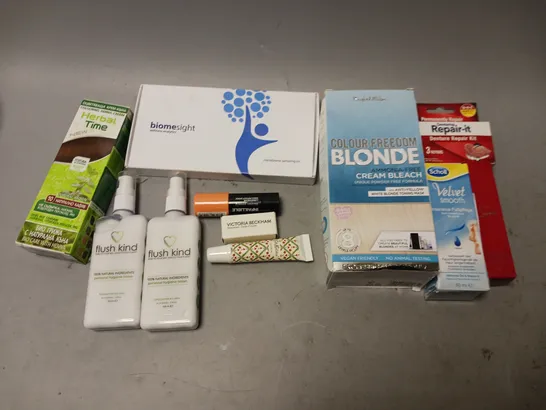 BOX OF APPROXIMATELY 15 COSMETIC ITEMS TO INCLUDE DENTURE REPAIR KIT, VELVET SMOOTH SCHOLL, AND FLUSH KIND LOTION ETC. 