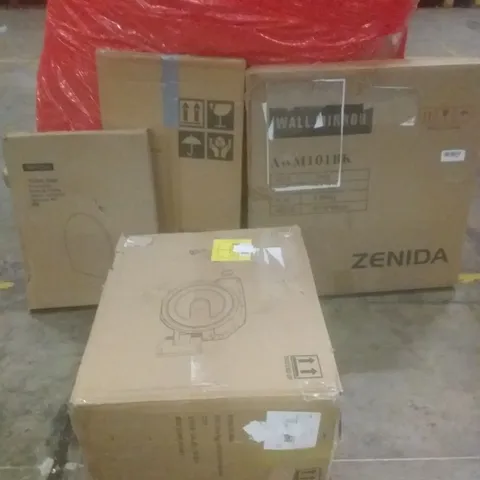 PALLET OF ASSORTED ITEMS INCLUDING WALL MIRROR, TOILET SEAT, HOSE REEL, WHITE BOARD