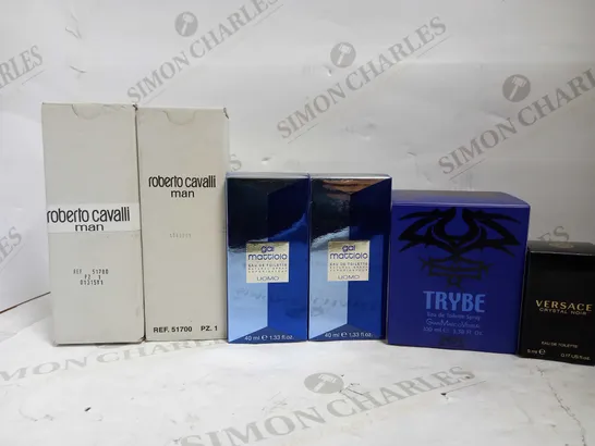 LOT OF 6 FRAGRANCE ITEMS, TO INCLUDE VERSACE MINIATURE, ROBERTO CAVALLI, TRYBE & GAI MATTIOLO