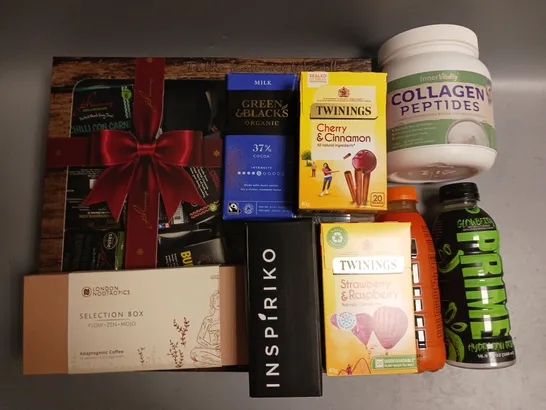 BOX OF APPROX 6 ASSORTED FOOD ITEMS TO INCLUDE - TWININGS STRAWBERRY & RASBERRY - PRIME ORANGE - JDSEASONINGS GIFTBOX ETC
