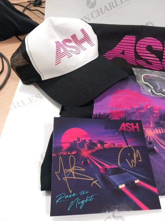 ASH RACE THE NIGHT ALBUM COLLECTION TO INCLUDE; SIGNED CD, PURPLE CASSETTE, ALBUM T-SHIRT, SOCKS, PINK LOGO TOTE BAG, TRUCKER CAP AND CAR AIR FRESHNER