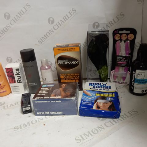 LOT OF APPROX 12 ASSSORTED COSMETIC ITEMS TO INCLUDE RUKA HAIR PERFUME, MANUAL POWER SHAMPOO, ARGAN OIL CONDITIONER, ETC