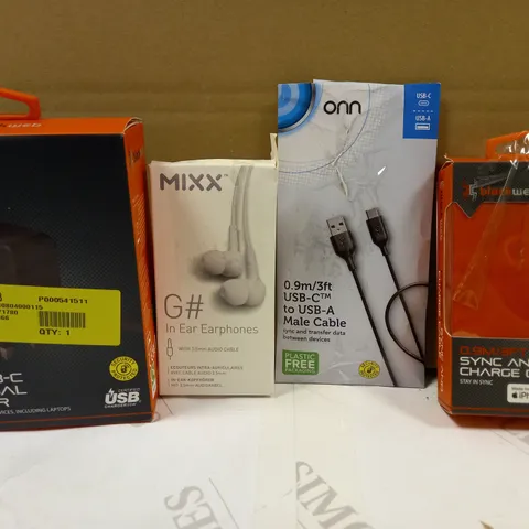 BOX OF APPROXIMATELY 20 ASSORTED HOUSEHOLD ITEMS TO INCLUDE BLACKWEB USB-C UNIVERSAL CHARGER, MIXX G# IN EAR EARPHONES, BLACKWEB SYNC AND CHARGE CABLE, ETC
