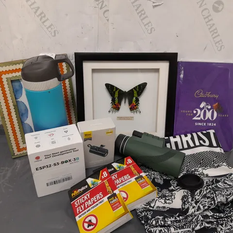 APPROXIMATELY 15 ASSORTED ITEMS TO INCLUDE ESPRESSIF ESP32-S3-BOX-3B DEVELOPMENT BOARD, MINI POWER BANK, CHRISTIAN DIOR PILLOW CASE, FRAMED MADAGASCAN SUNSET MOTH