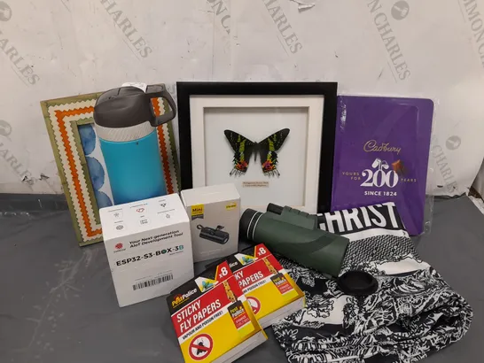 APPROXIMATELY 15 ASSORTED ITEMS TO INCLUDE ESPRESSIF ESP32-S3-BOX-3B DEVELOPMENT BOARD, MINI POWER BANK, CHRISTIAN DIOR PILLOW CASE, FRAMED MADAGASCAN SUNSET MOTH