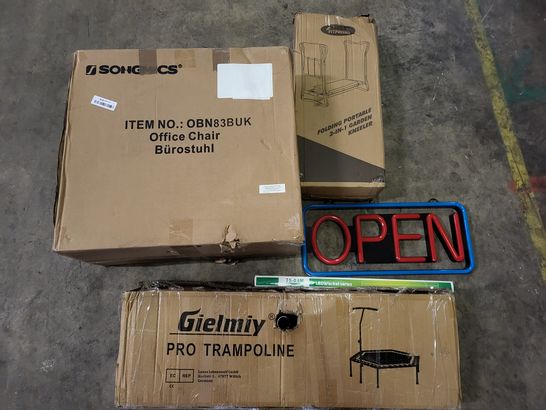PALLET OF A SIGNIFICANT QUANTITY OF ASSORTED ITEMS TO INCLUDE SONICS OFFICE CHAIR, FIRPROBO FOLDING PORTABLE 2 IN 1 GARDEN KNEELER AND GIELMIY PRO TRAMPOLINE 