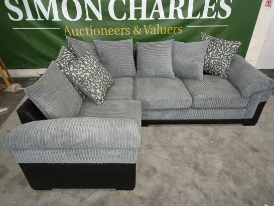 TWO-TONE GREY JUMBO CORD AND BLACK FAUX LEATHER CORNER SOFA