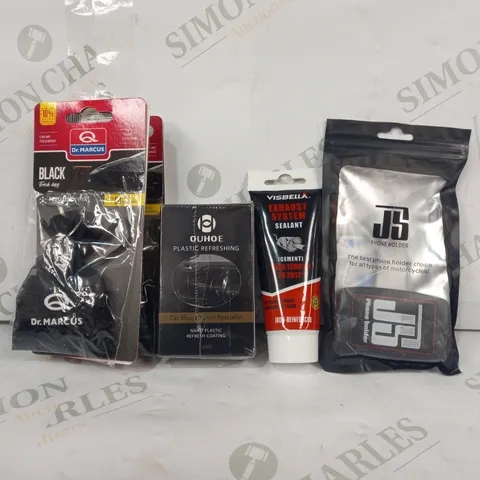 BOX OF APPROXIMATELY 8 ASSORTED CAR AND VEHICLE PARTS AND ACCESSORIES TO INCLUDE VISBELLA EXHAUST SYSTEM SEALANT, DR. MARCUS AIR FRESHENER, ETC