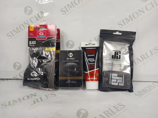 BOX OF APPROXIMATELY 8 ASSORTED CAR AND VEHICLE PARTS AND ACCESSORIES TO INCLUDE VISBELLA EXHAUST SYSTEM SEALANT, DR. MARCUS AIR FRESHENER, ETC