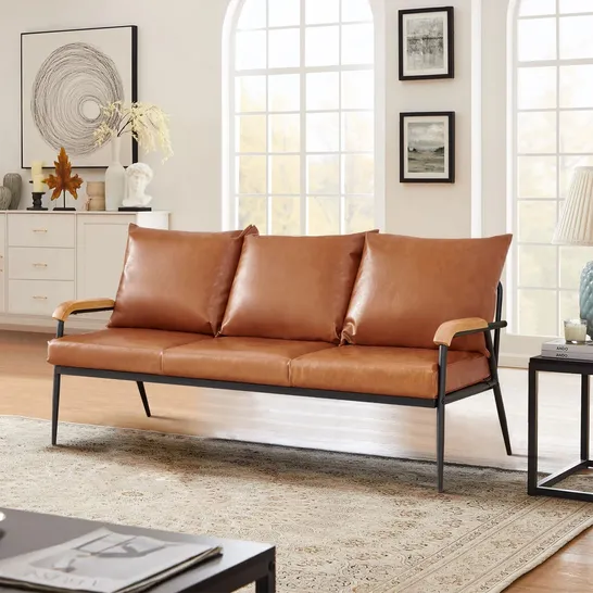 BOXED MID-CENTURY MODERN SOFA - BROWN LEATHER