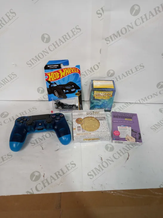 BOX OF APPROX 15 ASSORTED TOYS TO INCLUDE - PS4 CONTROLLER, HOT WHEELS CAR, DRAGON SHIELD CARD SLEEVES