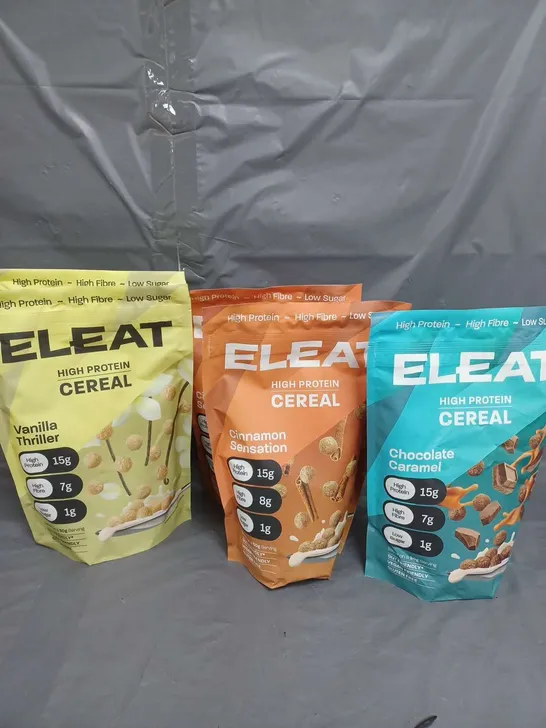 LOT OF 5 PACKS OF ELEAT HIGH PROTEIN CEREAL CHOCOLATE CARAMEL, CINNAMON SENSATION AND VANILLA THRILLER FLAVOURS