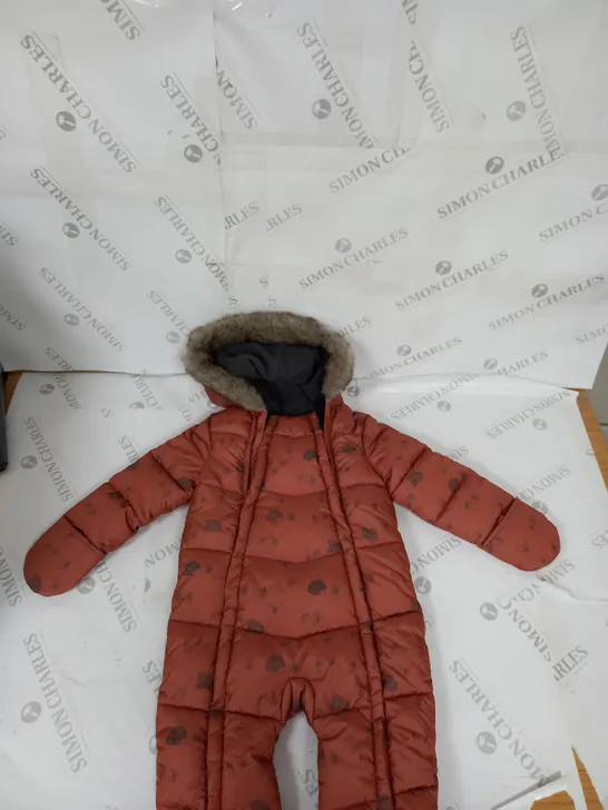 WOODLAND THEMED ALL IN ONE SNOW SUIT WITH FUR HOOD SIZE 12-18 MONTHS