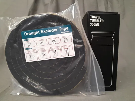 APPROXIMATELY 8 ASSORTED HOUSEHOLD ITEMS TO INCLUDE DRAUGHT EXCLUDER, 350ML TRAVEL TUMBLER, ETC