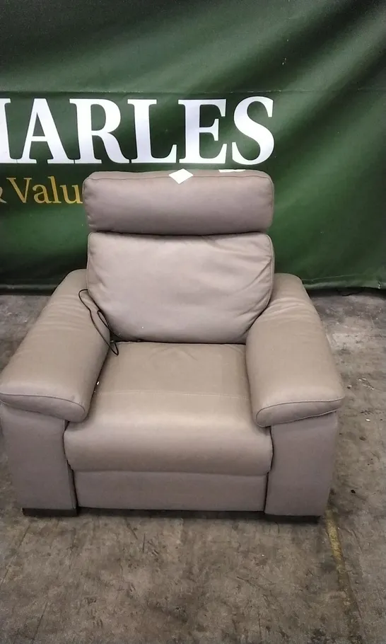 QUALITY ITALIAN DESIGNER TAUPE LEATHER POWER RECLINER ARMCHAIR