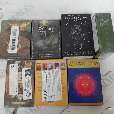 LOT OF 7 SEALED PACKS OF NEW AGE CARDS TO INCLUDE PALM READING CARDS, PRACTICAL SPELLS AND LUCY CAVENDISH SOLITARY WITCH ORACLE CARDS