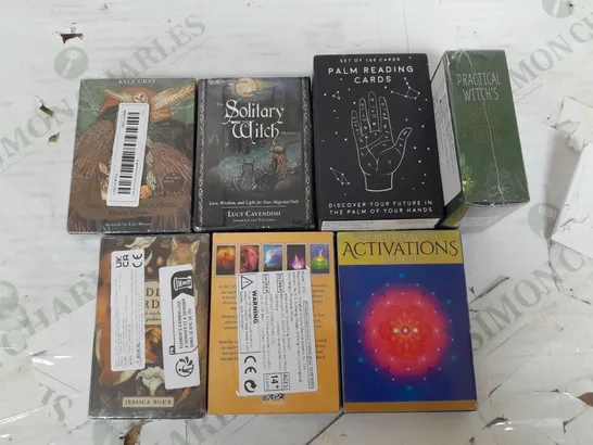 LOT OF 7 SEALED PACKS OF NEW AGE CARDS TO INCLUDE PALM READING CARDS, PRACTICAL SPELLS AND LUCY CAVENDISH SOLITARY WITCH ORACLE CARDS